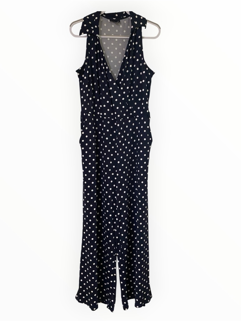 Nina Leonard Navy Polka Dot Sleeveless Jumpsuit